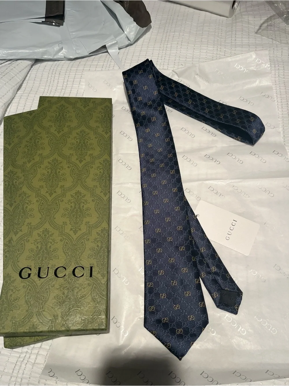 Gucci Men's Navy Blue GG Silk Tie with Gold Monogram